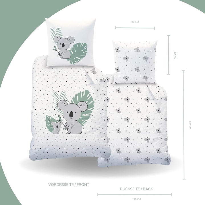 Koala Bettwäsche 135X200 Flanell, Biber, Kinderbettwäsche Mia & Max, Winterbettwäsche Für Mädchen Und Jungen, 1X Kissenbezug 80X80 + Bettbezug 135X200, 100% Baumwolle Safari (Koala)