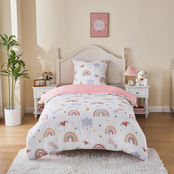 Bettwäsche Regenbogen 135X200 Rosa Kinder Bunte Mikrofaser Bettwäsche Mit Regenbogen, Wolken, Sternen, Monden, Herzen Für Mädchen Einzelbettbezug Set Bettbezug 135X200 Und Kopfkissenbezug 80X80