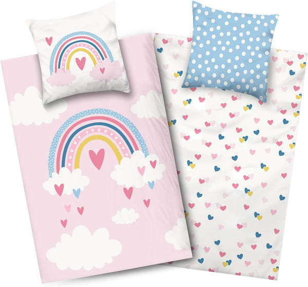 Aminata Kids Kinderbettwäsche 135X200 Cm Kinder Mädchen Baumwolle Regenbogen | Wende-Kinder-Bettwäsche-Set Wolke-N Herz-En | YKK Reißverschluss Rosa
