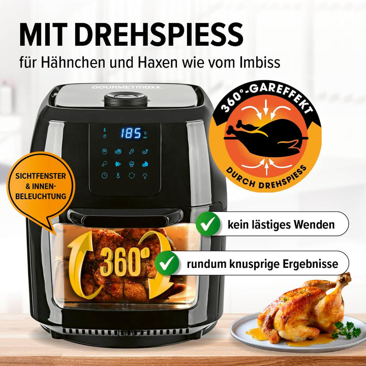 Gourmetmaxx Digitale Heißluftfritteuse XXL - 9L Ofen | Airfryer Mit Timerfunktion, Touchdisplay, Drehspieß, Schaschlikspießen | Fettarm, Energiesparend Frittieren | 8 Programme, 1800 W