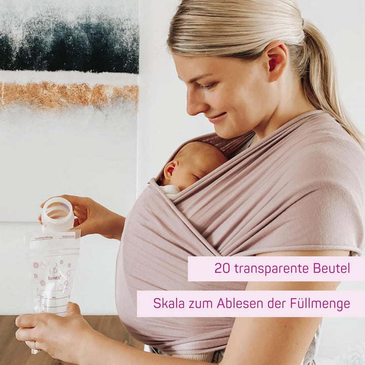 ELANEE Muttermilchbeutel, Aufbewahren & Einfrieren Von Muttermilch, Geschmacksneutral Und Vorsterilisiert, Doppelter Sicherheitsverschluss,20 Stück, Mit Standfuß (711-00)
