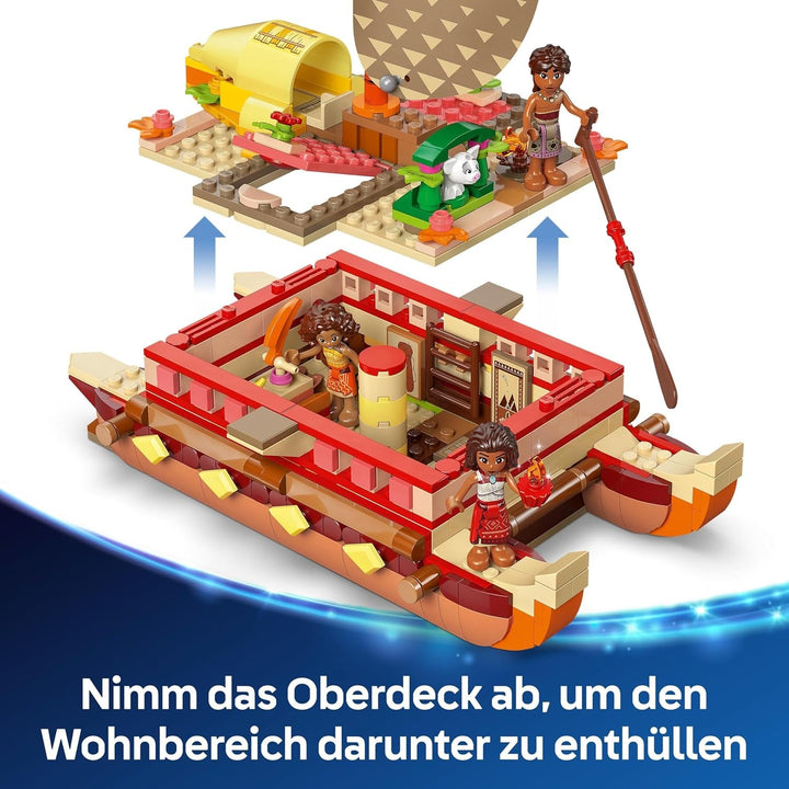 LEGO Ç€ Disney Vaiana 2: Pluta de aventură a Vaianei - Barcă de jucărie cu vele, punte detașabilă, foc de tabără și 3 mini păpuși, inclusiv Loto și Moni - Cadou pentru fete 6+ și fani - 43270
