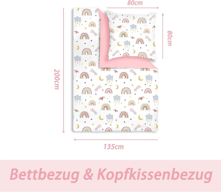 Bettwäsche Regenbogen 135X200 Rosa Kinder Bunte Mikrofaser Bettwäsche Mit Regenbogen, Wolken, Sternen, Monden, Herzen Für Mädchen Einzelbettbezug Set Bettbezug 135X200 Und Kopfkissenbezug 80X80