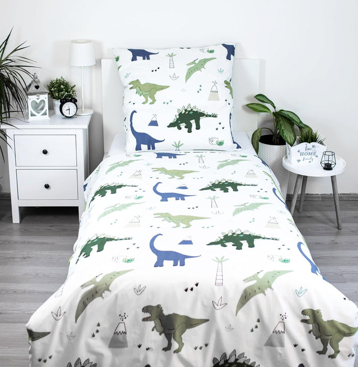 Theonoi Set 2 Teilig Kinder Bettwäsche Bettbezug Wendebettwäsche 135X200 80X80 Baumwolle Kinderbettwäsche Öko-Tex Deutsche Standardgröße (Dino Dinosaurier)
