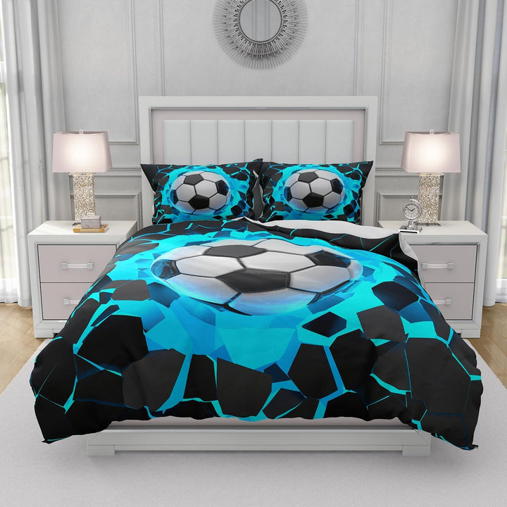 Fußball Kinderbettwäsche 135X200,3D Fußball-Motiv Jungen Teenager Sport Bettbezug-Set,Blau,Grün Weicher Bequemer Bettbezug Für Erwachsene Und Kinder (Blau, 135 X 200 Cm)