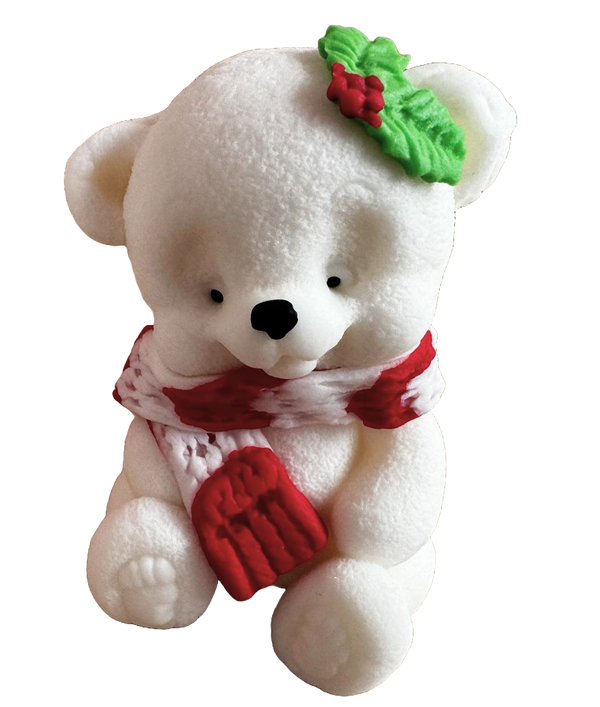 Essbare Zuckerpastendekoration, Teddybär mit rot-weißem Schal und Blättern