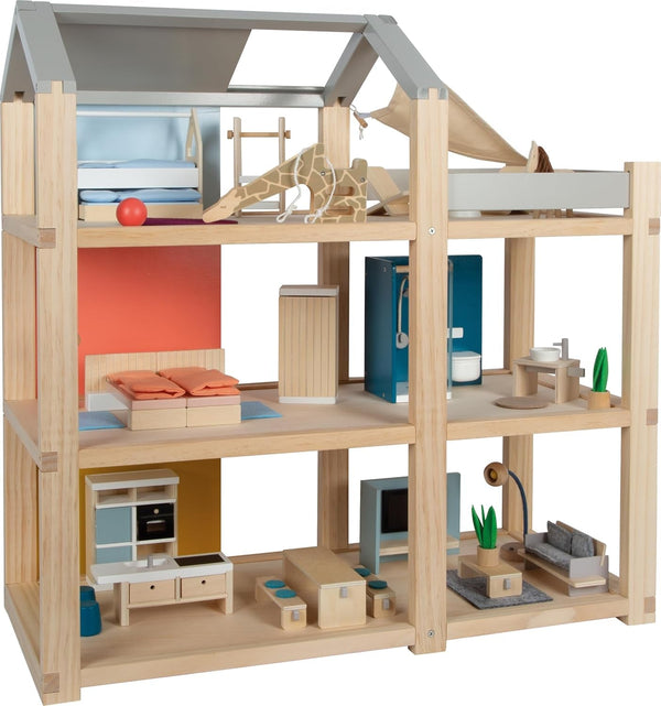 Casă de păpuși din lemn Small Foot, culori naturale - 3 etaje cu terasă pe acoperiș și set de mobilier din 51 de piese, încurajează jocul creativ, potrivită de la 3 ani, 12541