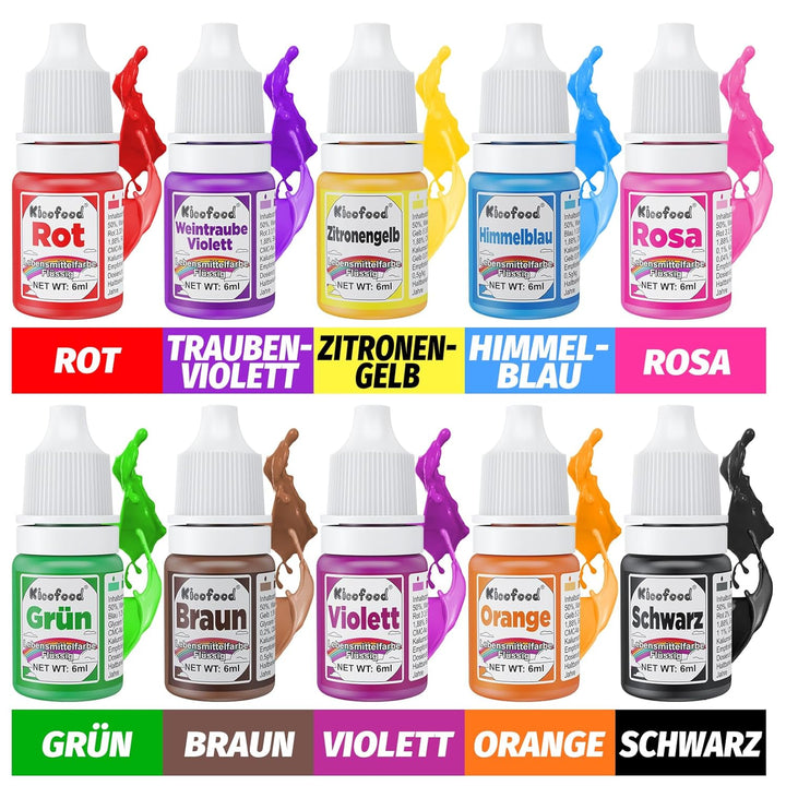 Lebensmittelfarbe - 10 Farben Lebensmittelfarbe Flüssig, Hochkonzentrierte Lebensmittelfarben, Flüssige Food Coloring Für Kuchen Backen, Kekse, Macaron, Fondantieren, DIY Slime - 6Ml
